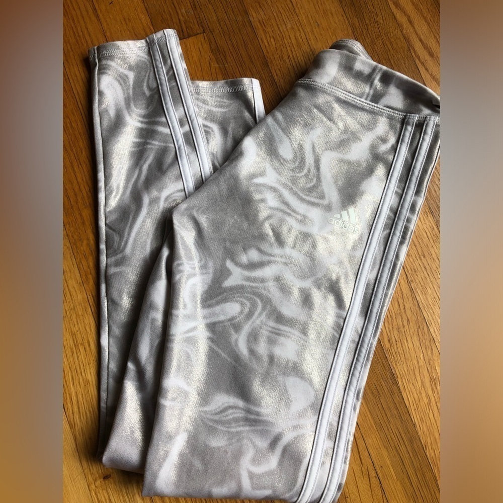 Adidas Aeroready Youth Girls XL (16) Sparkly Gray Three Stripe Marble Leggings